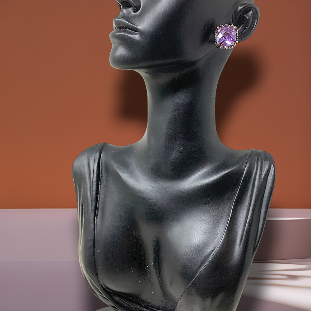 Vintage Purple Crystal Pendant Earrings Set Cushion Cut Gold Tone 80s Glam - Picture 3 of 4